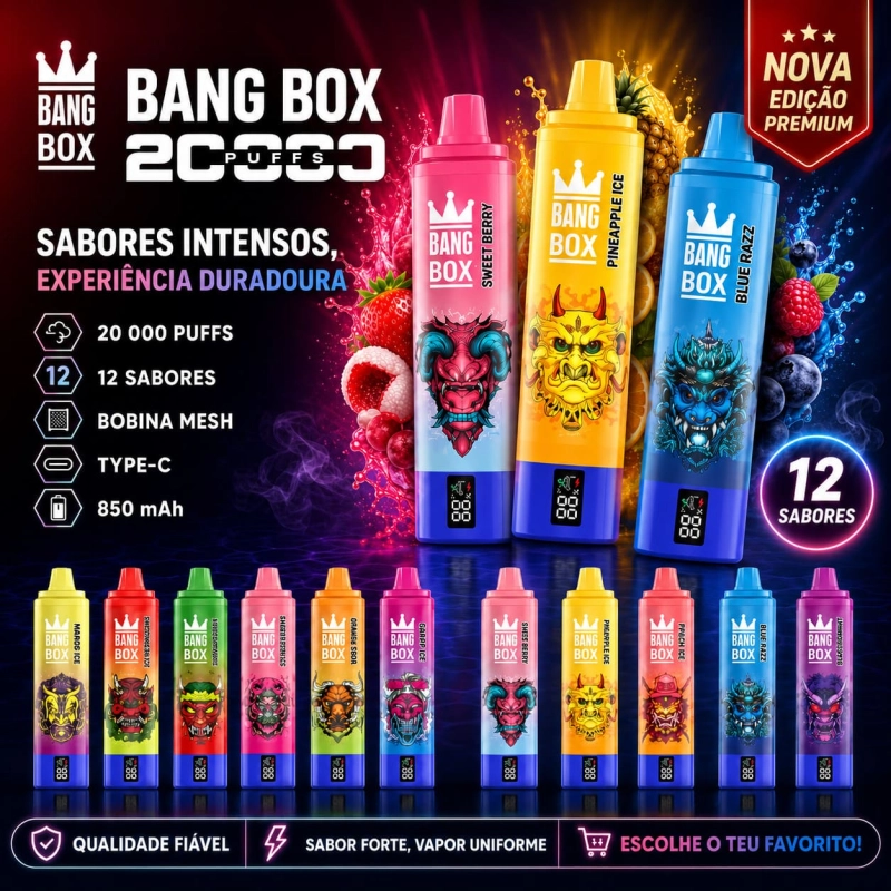 Vape descartável Bang Box 20000 puffs com 0 a 5 por cento nicotina e bateria recarregável USB C