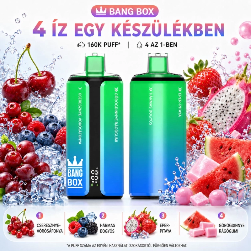 Cseresznye-áfonya, bogyós mix, eper-sárkánygyümölcs és görögdinnye rágógumi 4 az 1-ben vape