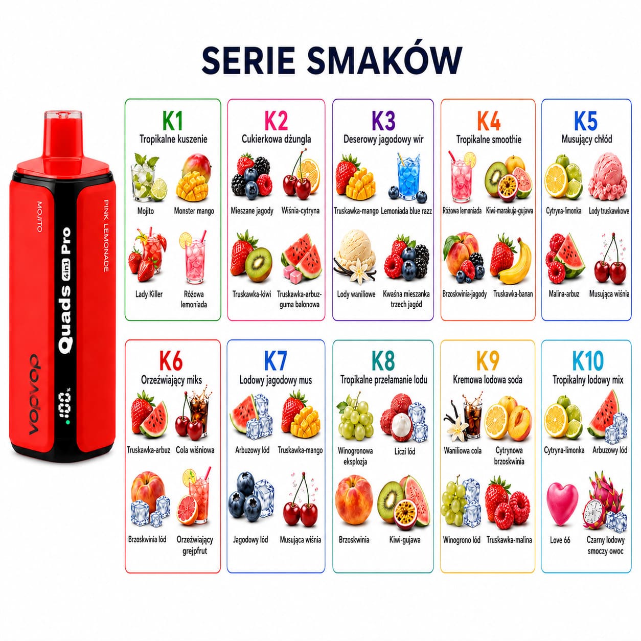 VopVop Quads Pro 200000 – dostępne warianty smakowe K1–K10, wielosmakowy jednorazowy e-papieros 4 w 1