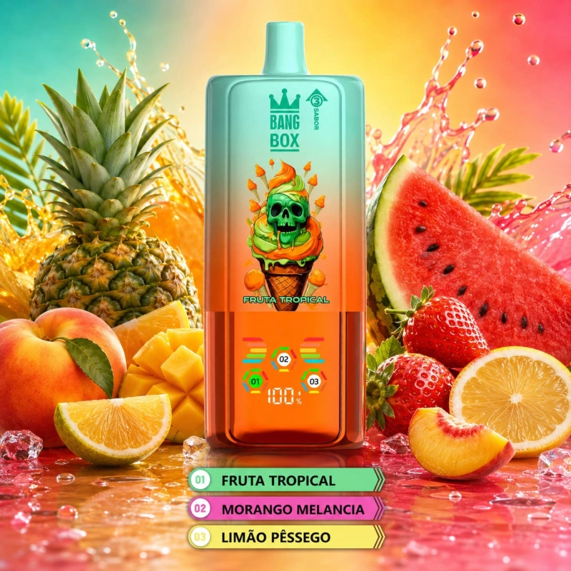 BANGBOX 80.000 puffs vape descartável 3-em-1 recarregável sabor fruta tropical, morango com melancia e limão com pêssego