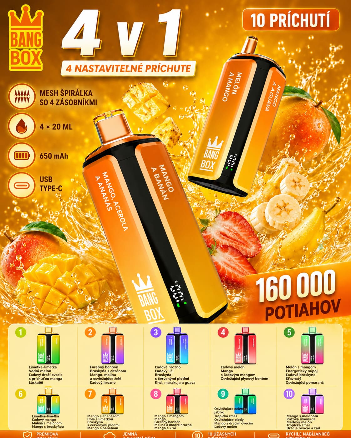 Bang Box 160K 4 v 1 jednorazová e-cigareta – mango a tropické ovocné príchute, 160 000 potiahnutí, USB-C nabíjanie