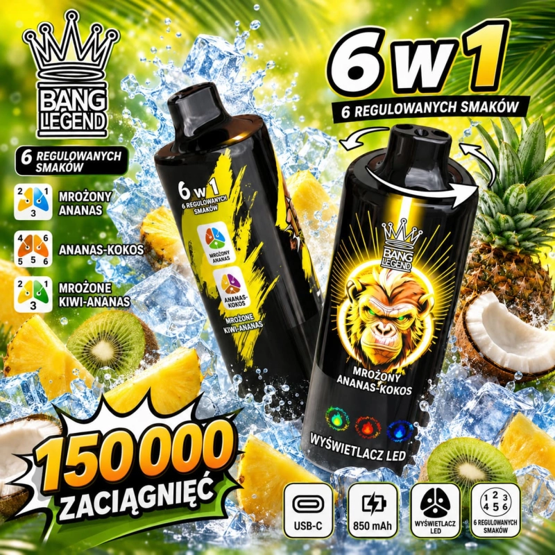 Bang Legend 150K 6 w 1 jednorazowy e-papieros – Ananas Lód, Ananas-Kokos Lód, Kiwi-Ananas Lód