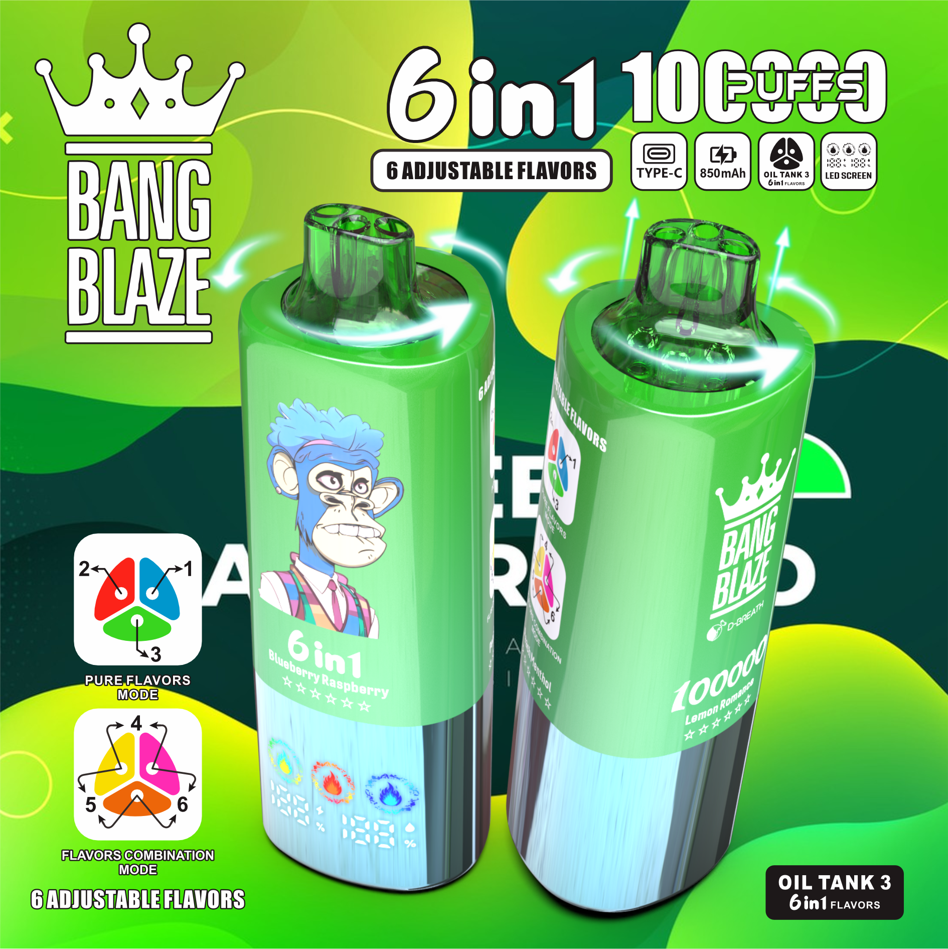 Bang Blaze® 100000 100k Puffs 6 az 1-ben Ízek Legújabb Eredeti Újratölthető Led Kijelzős Eldobható Vape