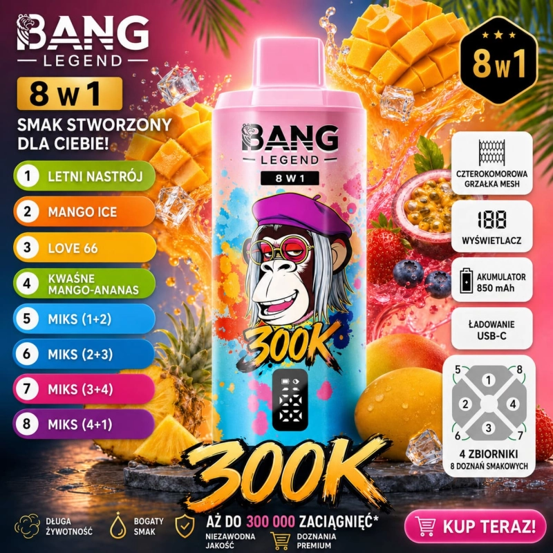 Bang Legend 300K 8w1 jednorazowy vape – Cytryna-Limonka, Mango-Brzoskwinia, Arbuz Ice, Jagodowa Eksplozja