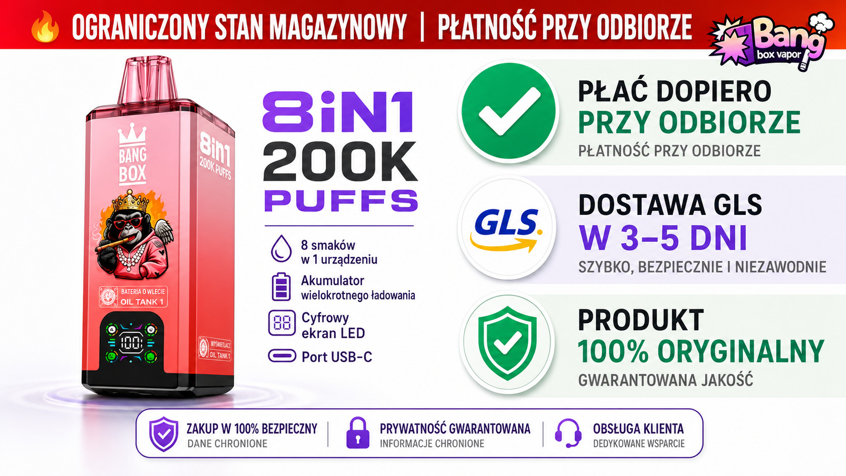 Bang Box 200K 8 w 1 – szybka dostawa GLS w Polsce, bezpieczna wysyłka i zaufana obsługa zamówień