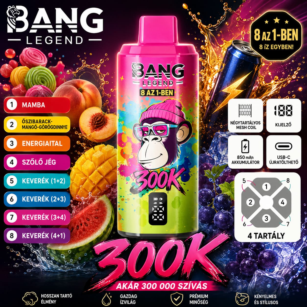 Bang Legend 8in1 300K eldobható vape – 12 ízkombináció