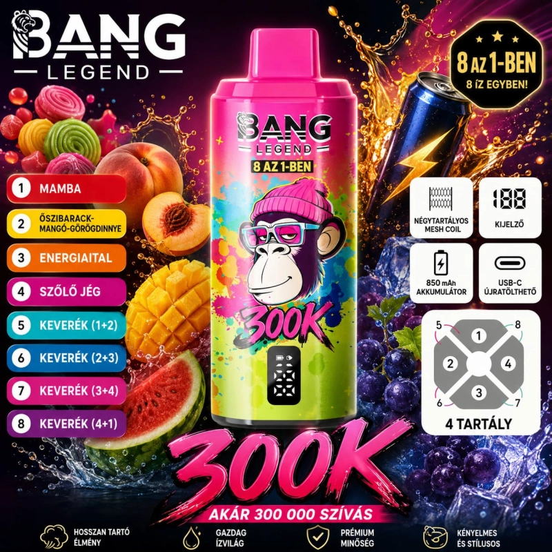 Bang Legend 8in1 300K eldobható vape mamba és őszibarack mangó görögdinnye energiaital és szőlő fagylalt ízkombináció