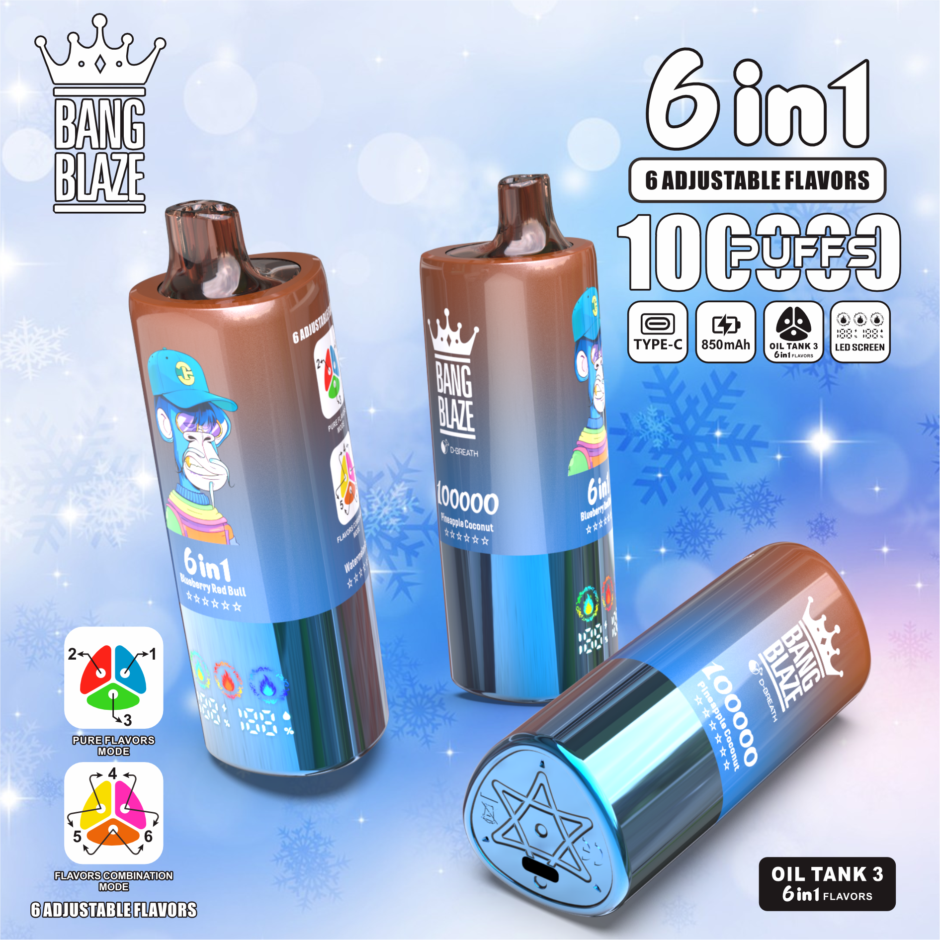 Bang Blaze® 100000 100k Puffs 6 az 1-ben Ízek Legújabb Eredeti Újratölthető Led Kijelzős Eldobható Vape