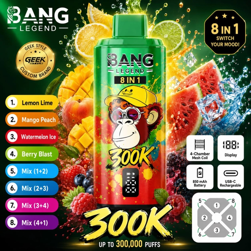 Bang Legend 300K 8-in-1 vape with Lemon Sour Orange, Mango Peach, Watermelon Ice and Berry Ice flavors