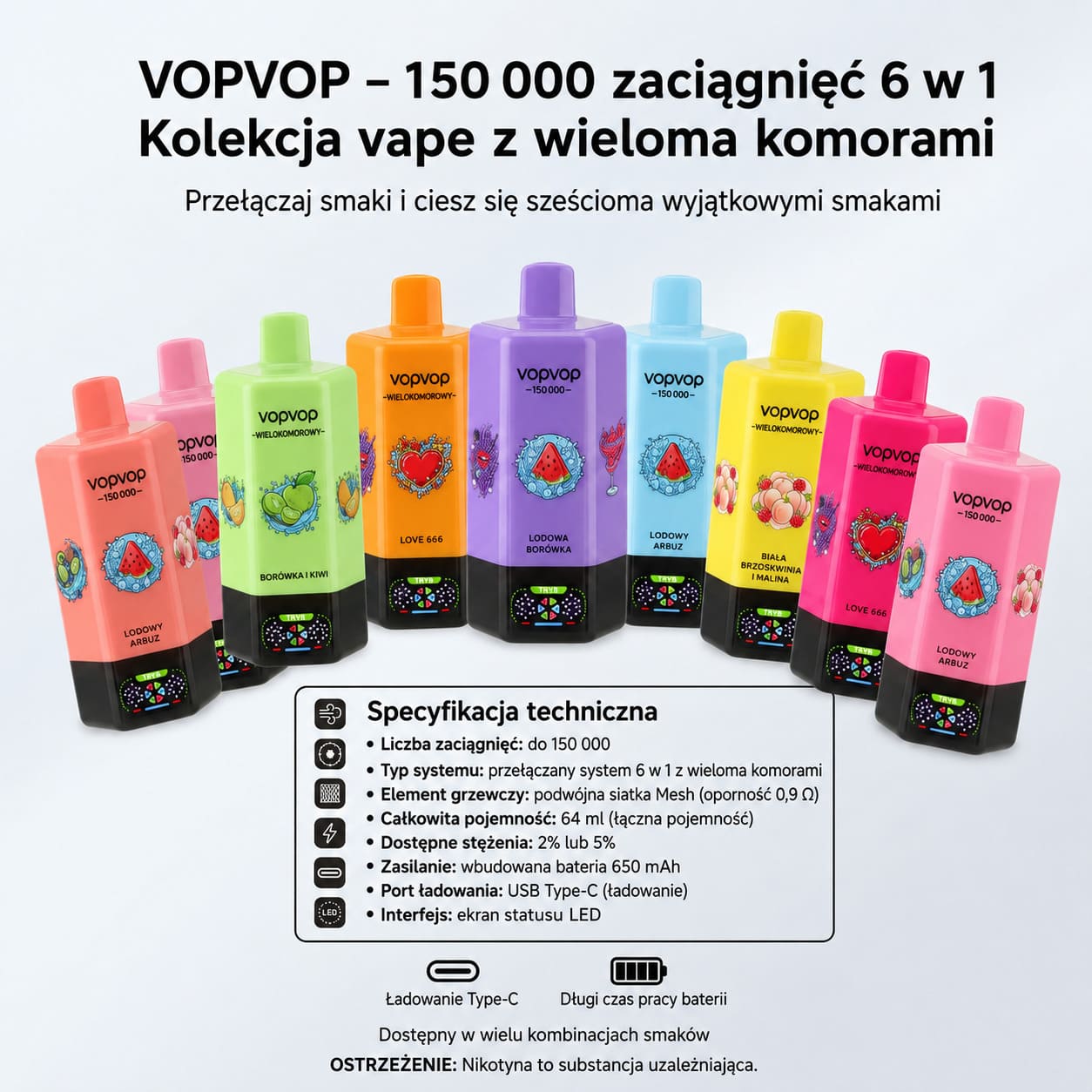 VOPVOP 150K jednorazowy e-papieros Polska szybka dostawa 2-3 dni GLS InPost vape 6 smaków