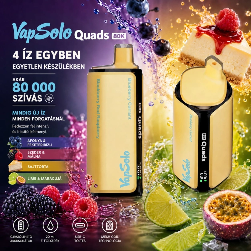 Vapsolo Quads 80K 4 az 1-ben eldobható vape – áfonya, fekete ribizli és szeder, fekete málna, sajttorta, lime és maracuja ízek