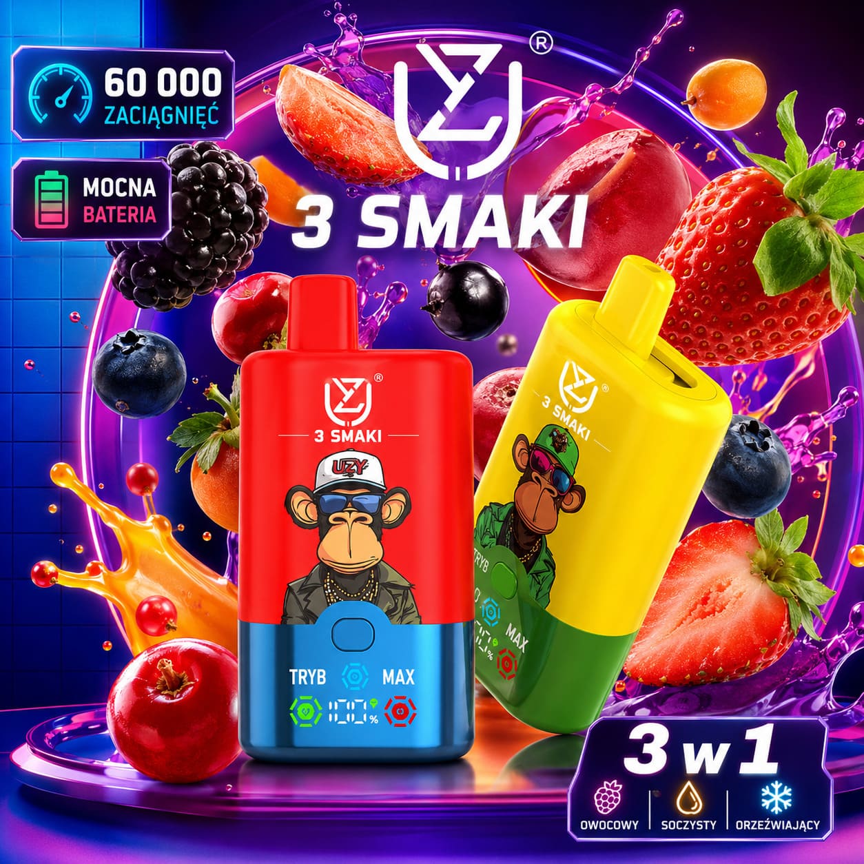 UZY Triple Flavor 60K – do 60 000 zaciągnięć, 54 ml e-liquidu, akumulator 850 mAh i ładowanie USB-C