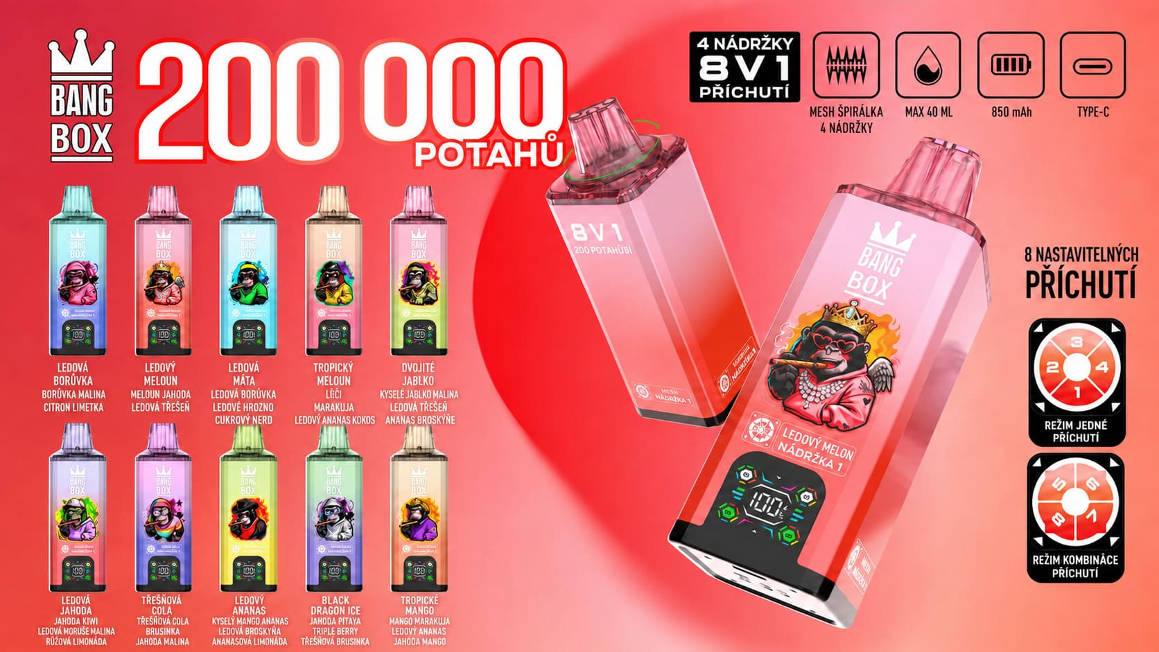 Bang Box 200K 8 v 1 ovocné příchutě – 10 kombinací chutí, ledové ovoce, mango, jahoda a lesní plody