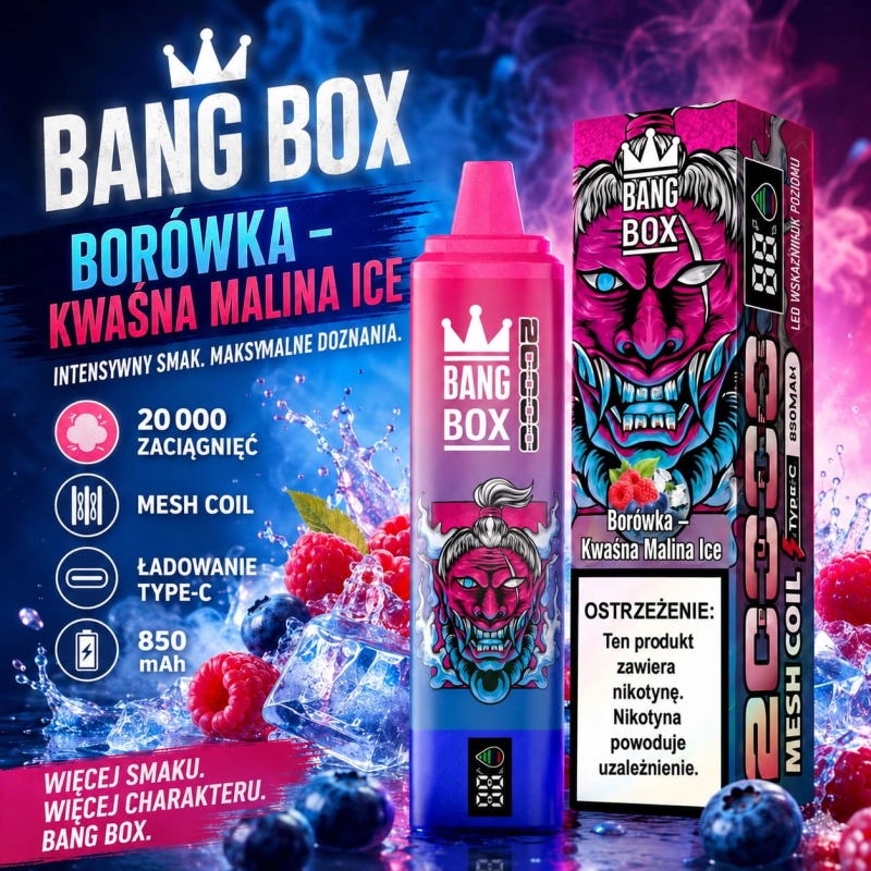 Bang Box 20000 Puffs Kwaśne Jagody Malina Ice vape owocowy smak z chłodzącą nutą