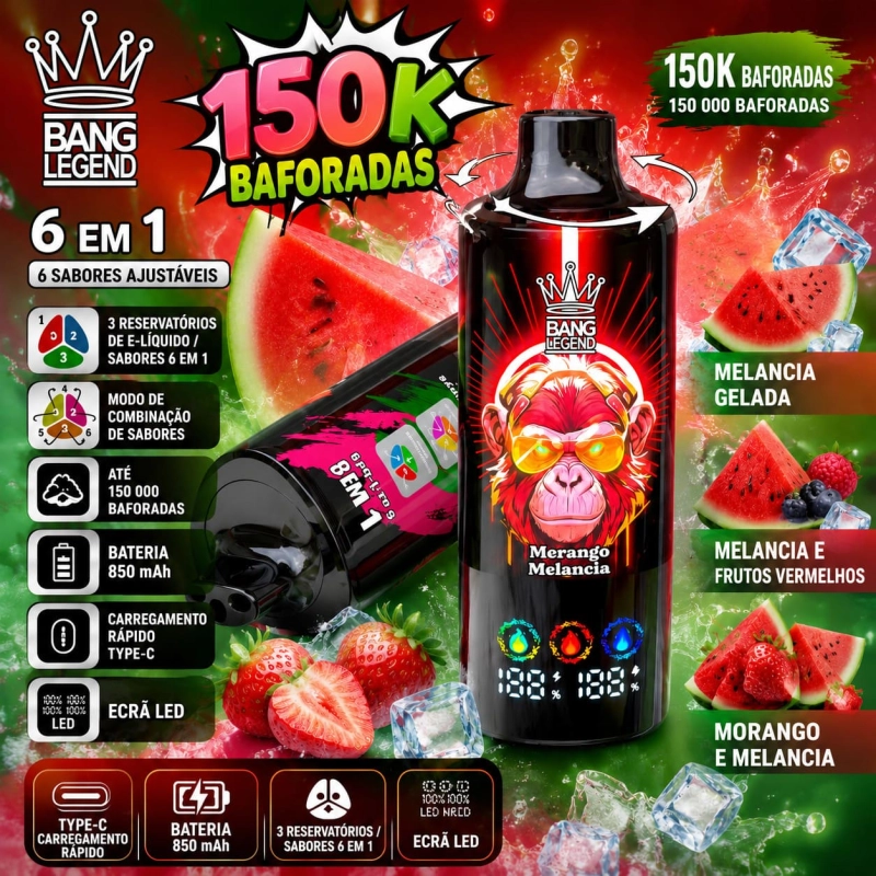 Vape descartável 150K Melancia e Frutos Vermelhos com melancia gelada, morango e frutos vermelhos, sabor intenso e fresco