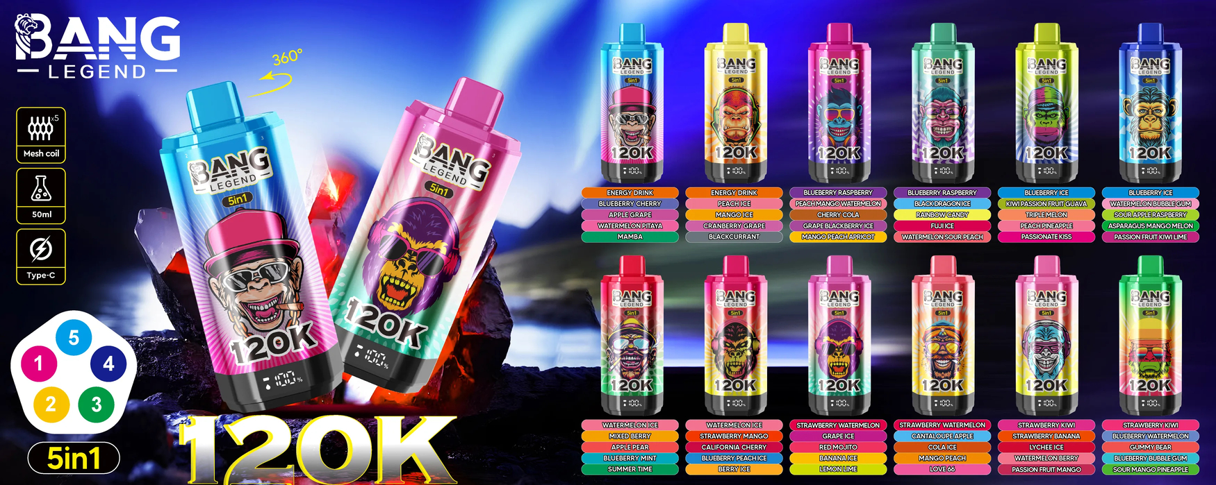 Bang Legend 120K 5 az 1-ben eldobható vape 120000 szippantás LED kijelző Type-C újratölthető