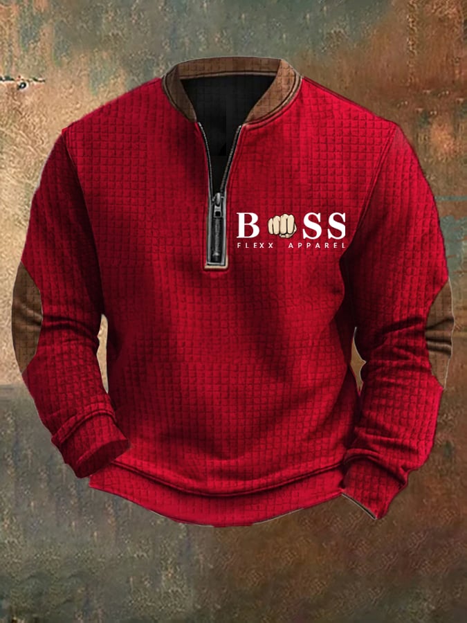 Sweatshirt retro para homem com design de letras estampado com gola com fecho e jacquard quadrado