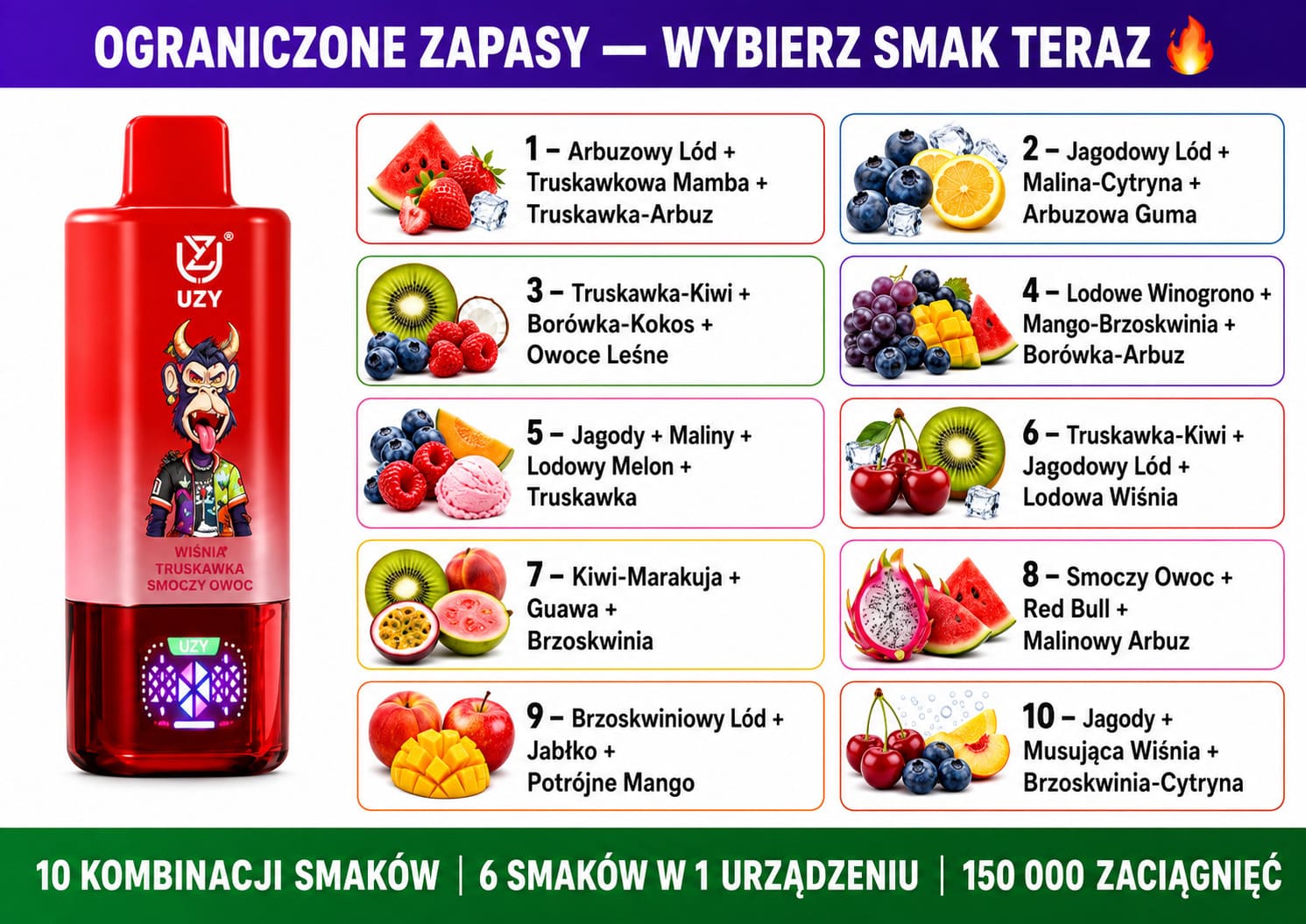 UZY 150K 6w1 10 kombinacji smaków jednorazowy vape owoce mieszane smakowe zestawy