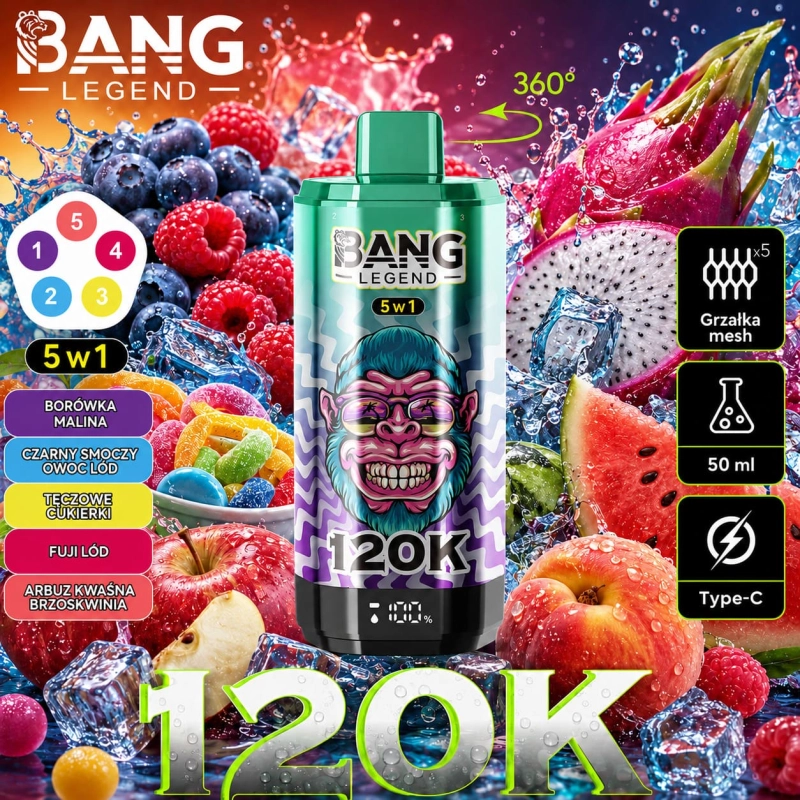 Bang Legend 120K smak Winogrono Jabłko – jednorazowy e-papieros 5 w 1 LED display Polska