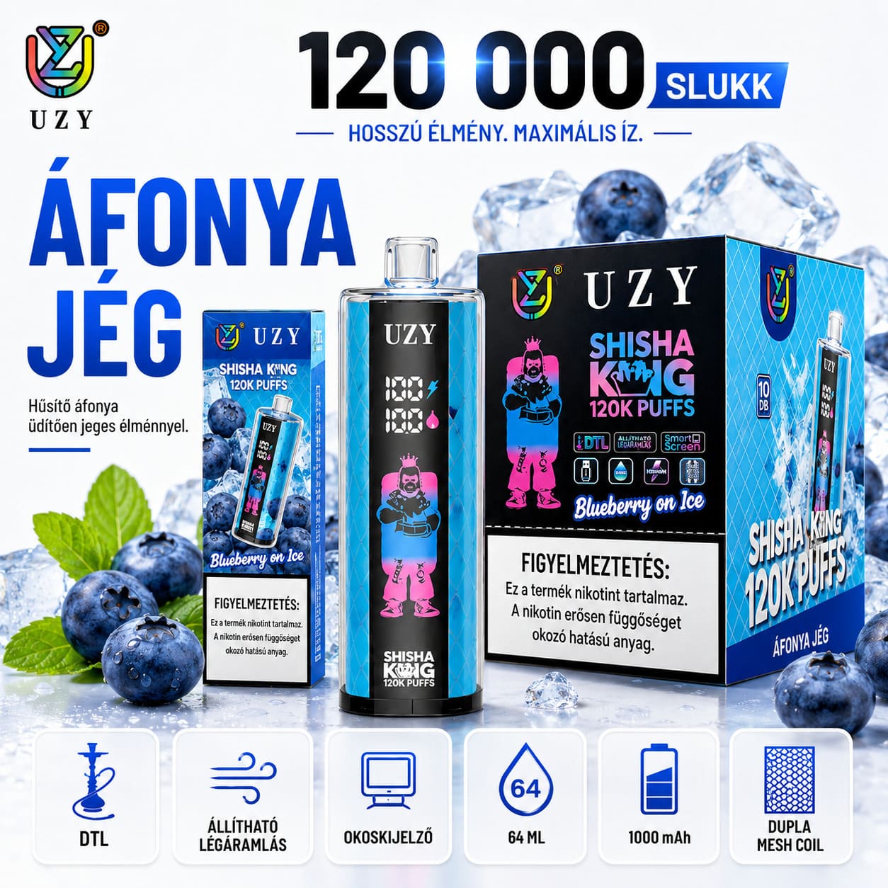 UZY Shisha Hookah King 120K DTL Eldobható Vape – 120 000 Slukk, 64 ml, USB-C és LED kijelző