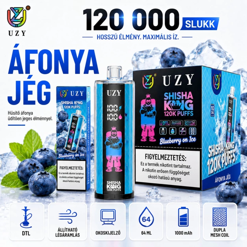 Áfonya jég – UZY Shisha King 120K 120 000 slukk eldobható vape áfonya ízű jég hűsítő aroma
