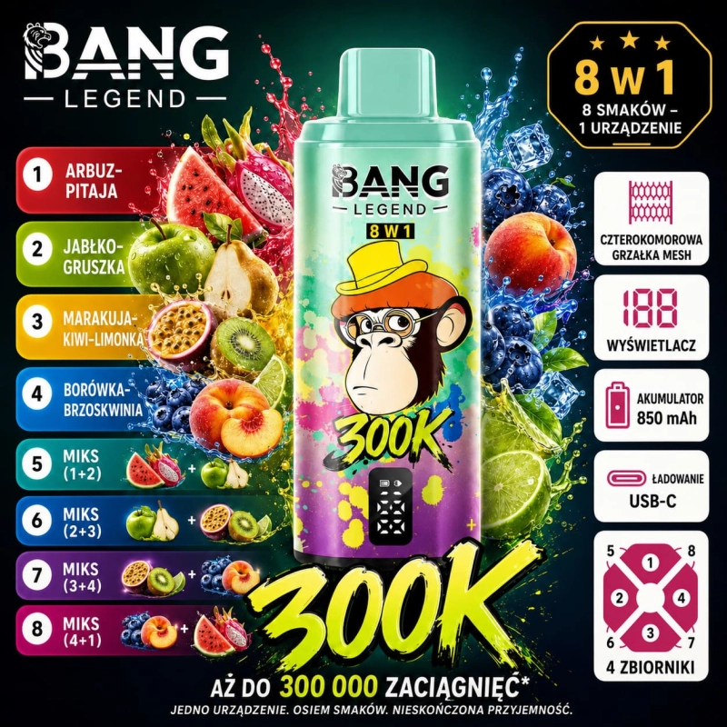 Bang Legend 300K 8w1 jednorazowy vape – Arbuz-Guma Balonowa, Borówka-Brzoskwinia, Melon-Jabłko, Truskawka-Banan