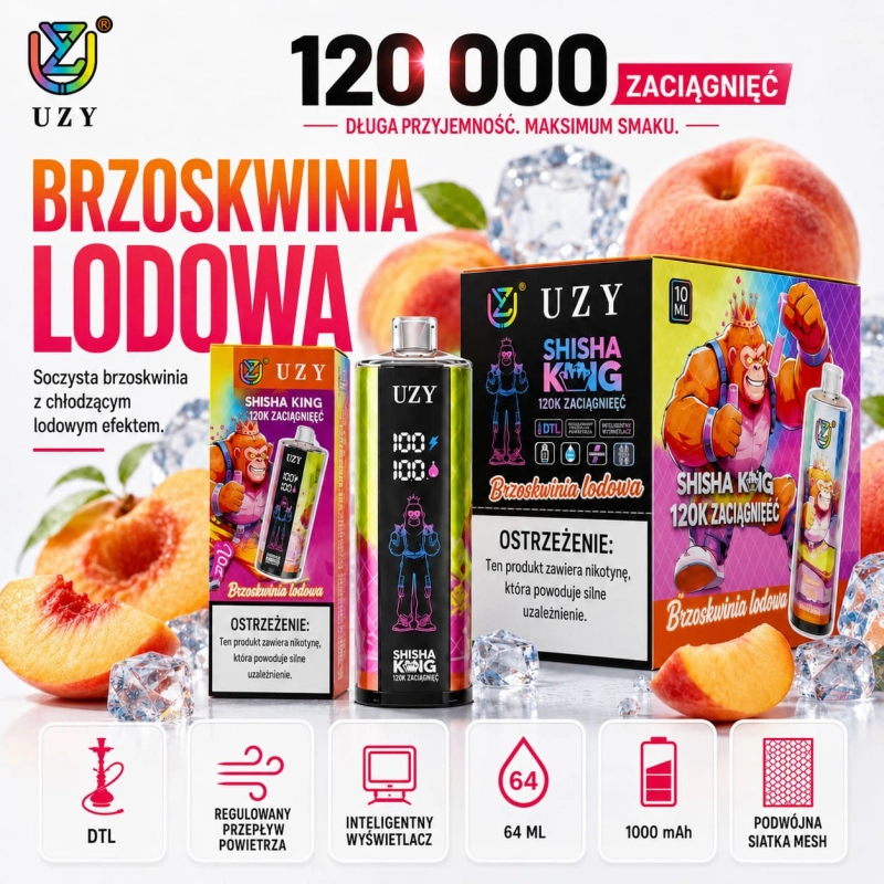 Mrożona brzoskwinia UZY 120K peach ice vape DTL disposable