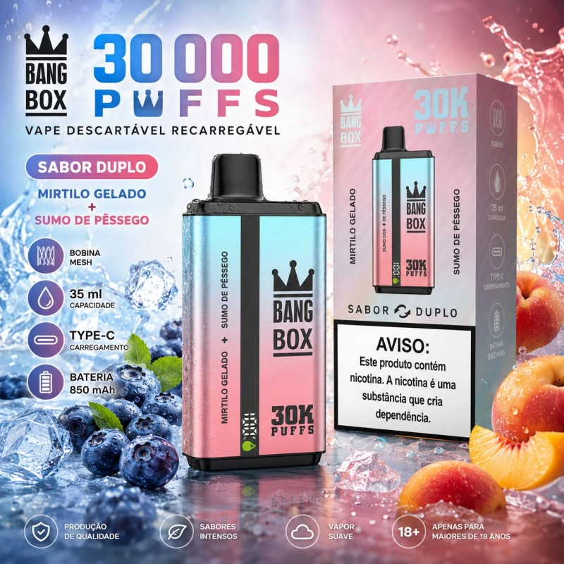 Bang Box 30000 Puffs vape descartável recarregável com dois sabores mirtilo gelado e sumo de pêssego