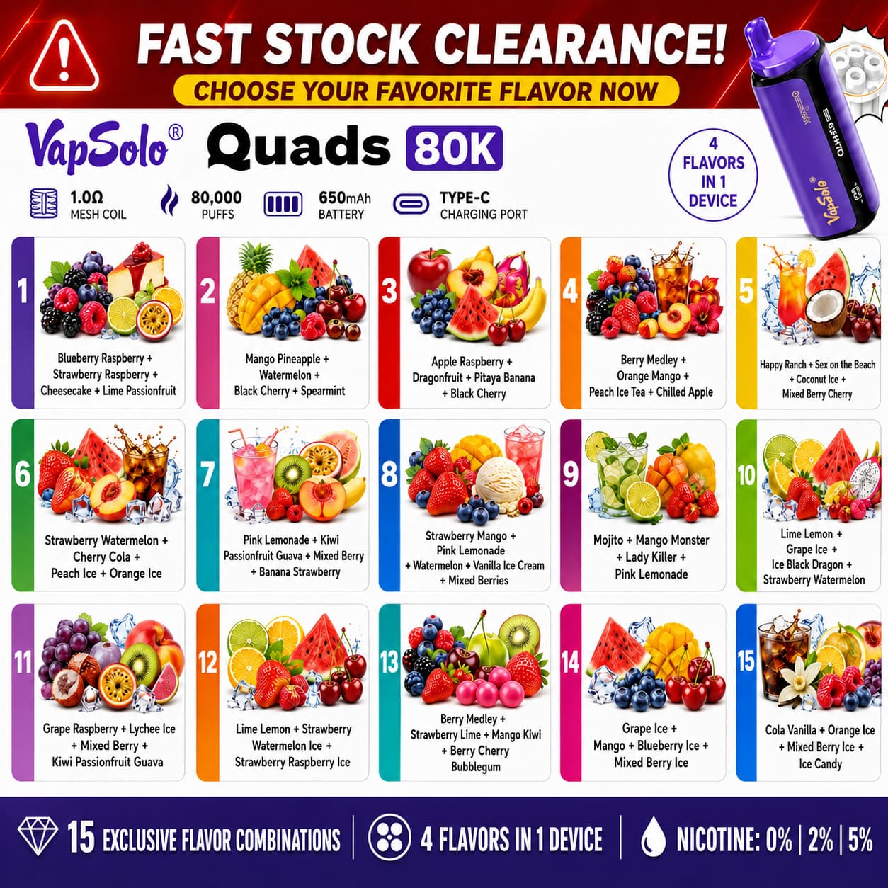 VapSolo Quads 80K 4 in 1 vape 15 exclusive flavor combinations