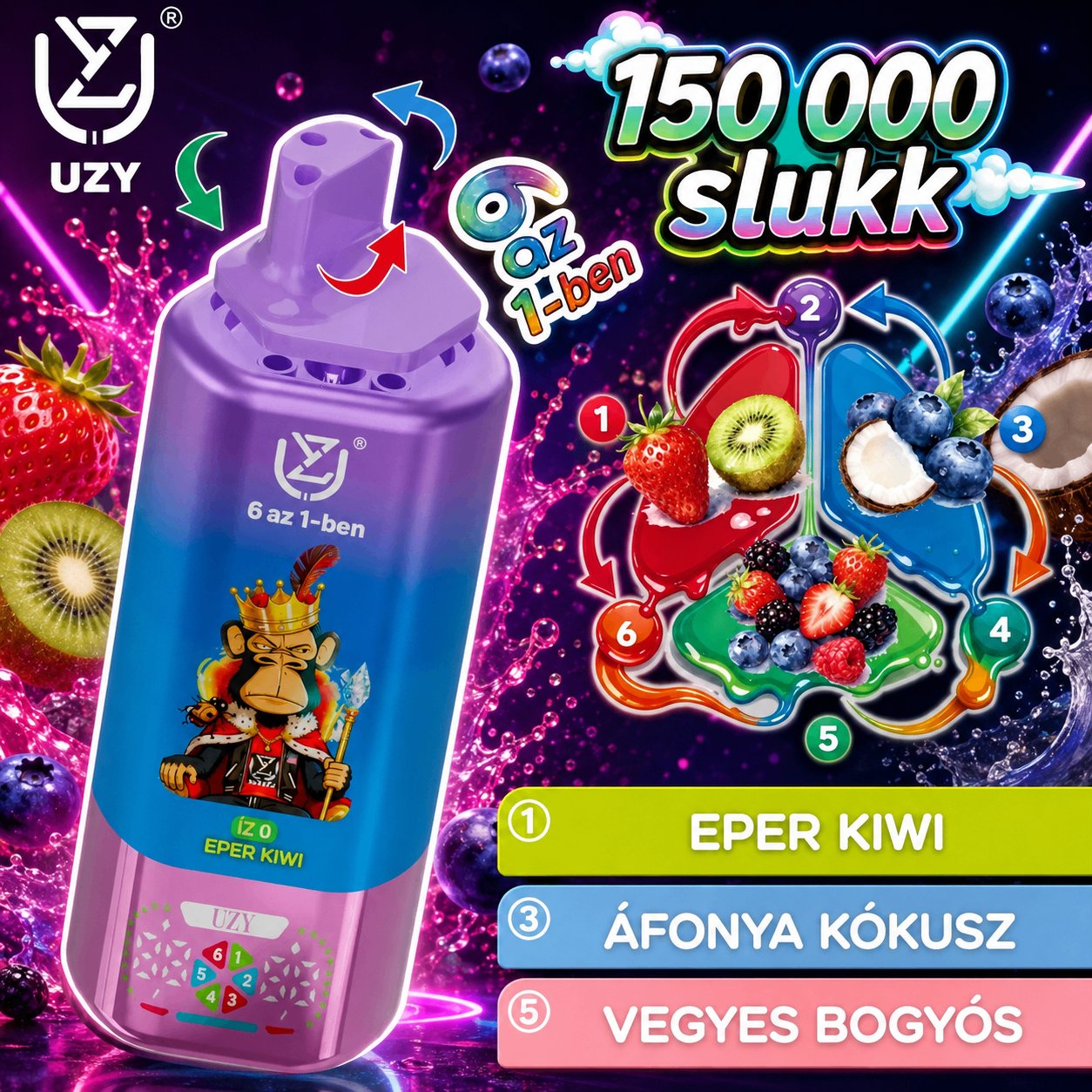 UZY 150K Vegyes Bogyós Eper Jég Sárgadinnye sorozat ízek
