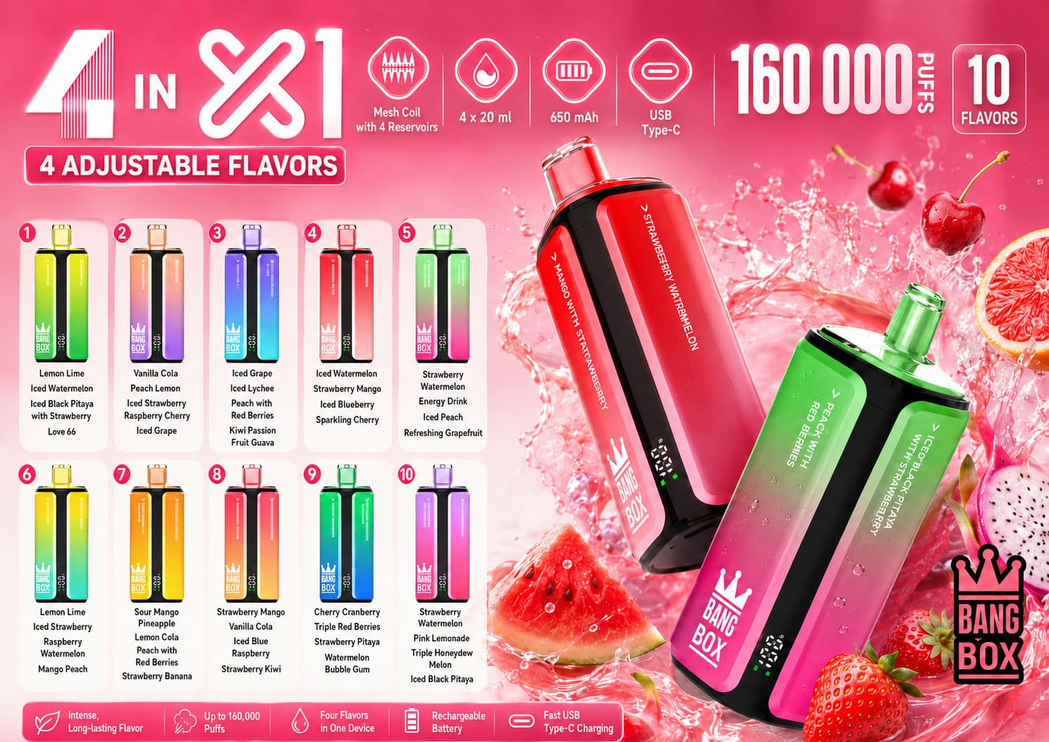 Bang Box 160K 4-in-1 disposable vape with adjustable flavors, rechargeable battery and multiple flavor options