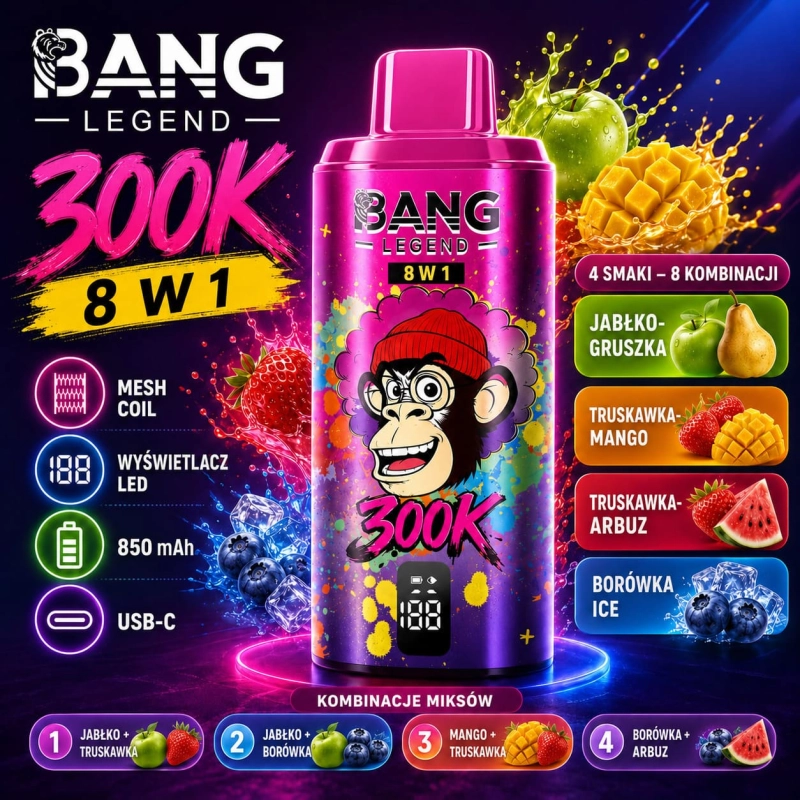 Bang Legend 300K 8w1 jednorazowy vape – 8 smaków w 1, do 300 000 zaciągnięć, wyświetlacz LED, ładowanie USB-C