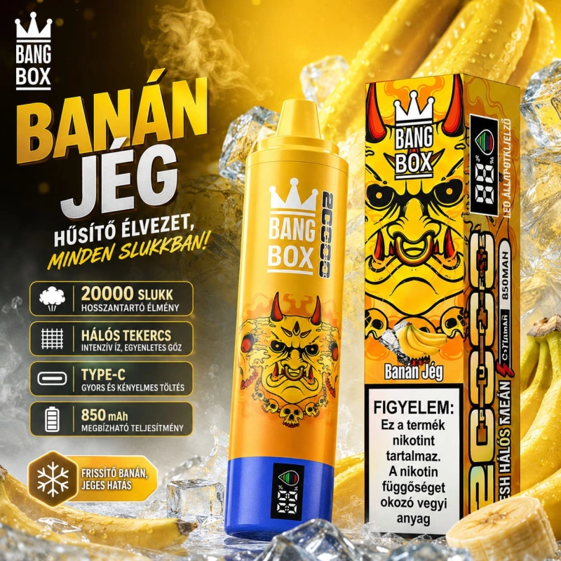 Bang Box 20 000 slukkos eldobható vape banánfagylalt ízben, újratölthető Type-C vape