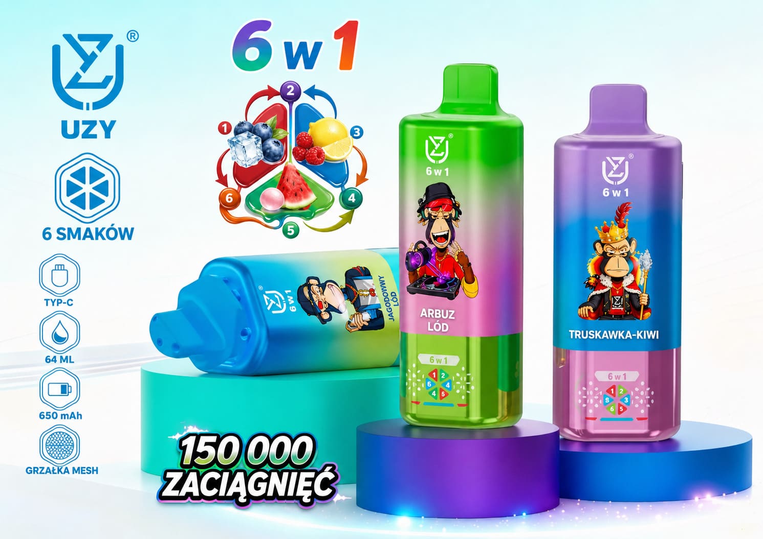 UZY 150K 6w1 jednorazowy e-papieros vape 150 000 zaciągnięć LED ekran USB-C 6 smaków