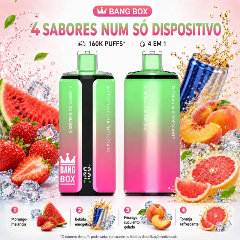 Vape 160000 puffs Portugal Bang Box 4 sabores Morango melancia, Red Bull, Pêssego gelado, Toranja fresca