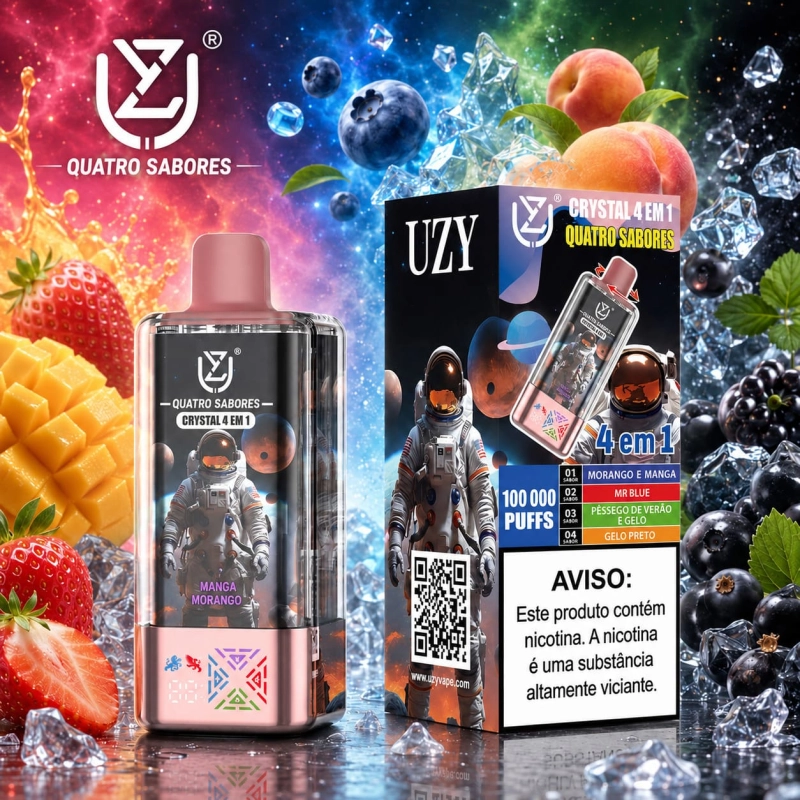 UZY Crystal 100.000 Puffs 4-em-1 vape descartável com sabores gelado de cereja, gelado de uva e maracujá, manga e Love 66