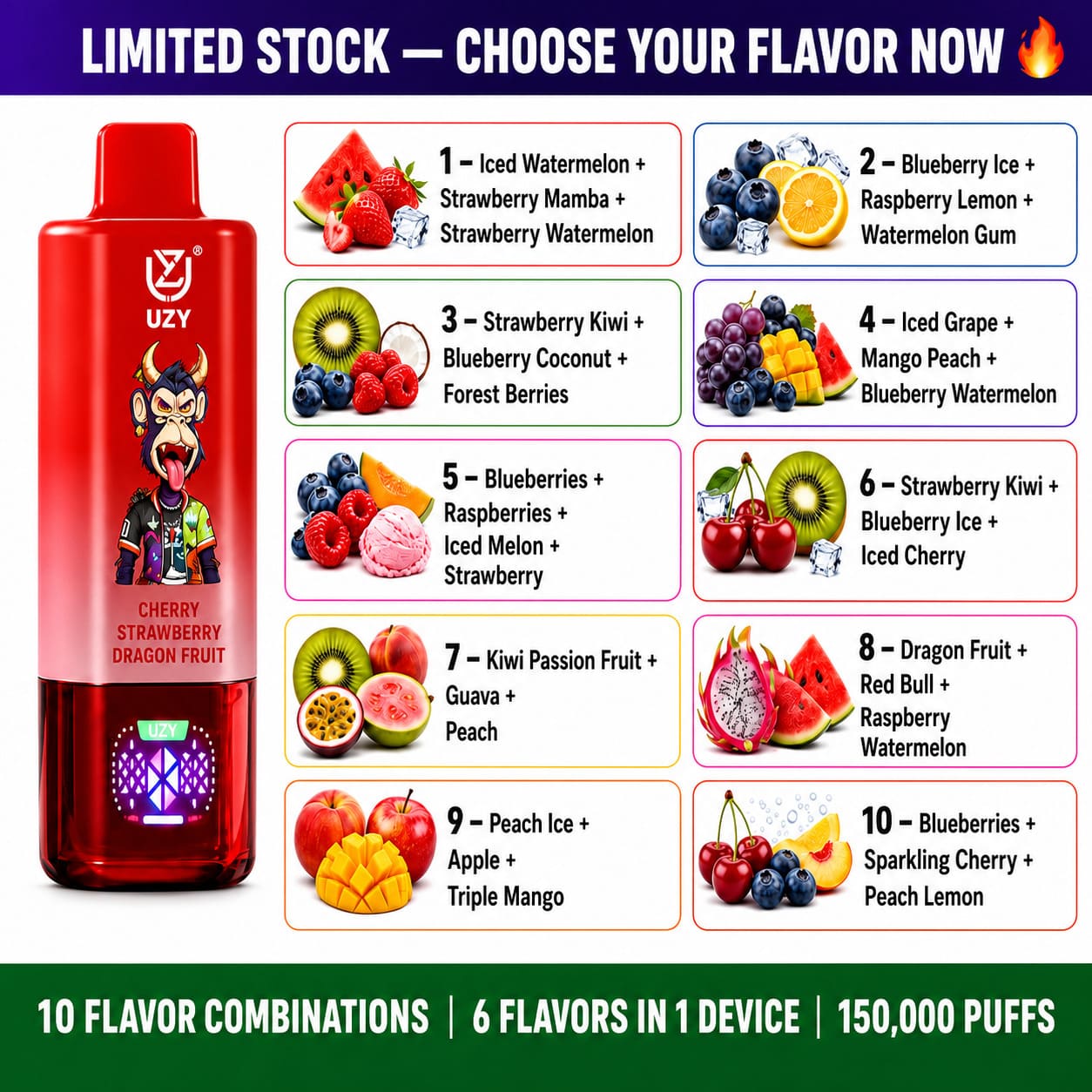 UZY 150K Puffs 6-in-1 vape with 10 flavor combinations and multiple fruit flavor options