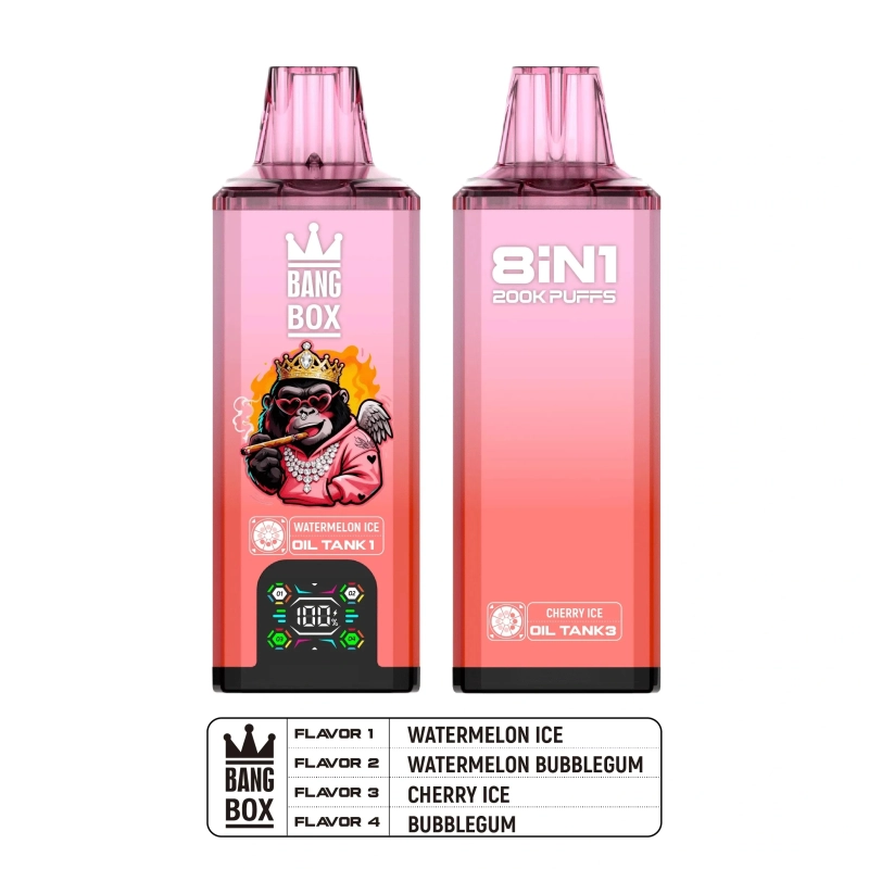 Bang Box 8 in 1 200000 Puffs Disposable Vape Pink és narancs színben, showing digitális kijelző és 4 különálló íztan
