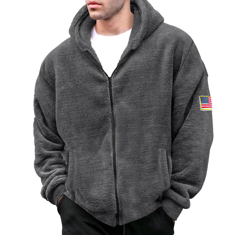 DOUBLE SIDED VELVET WARM HOODED ZIPPER CASUAL JACKET