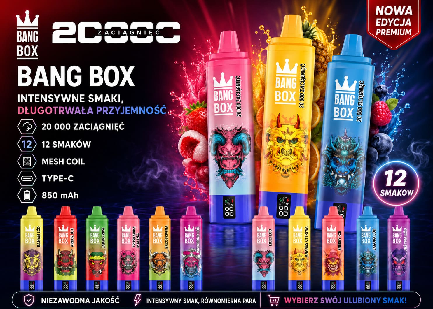 Bang Box 20000 Puffs jednorazowy vape 12 smaków Mesh Coil USB-C 850 mAh Polska