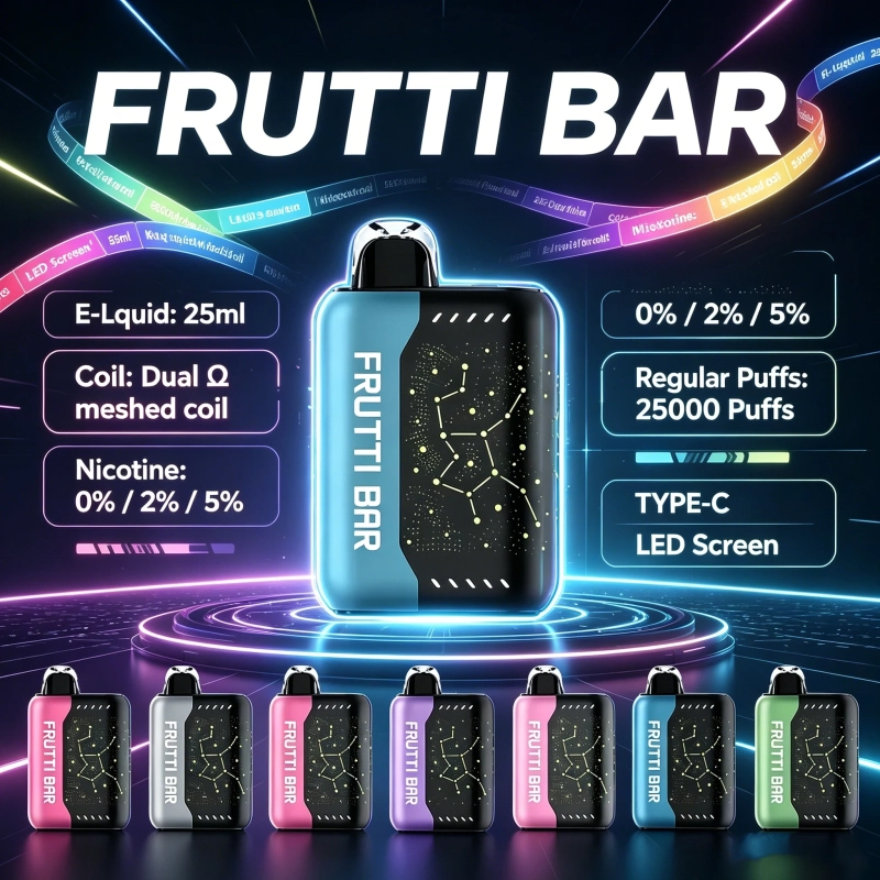 Frutti Bar FB25000 25000 puffs eldobható vape – 9 különböző gyümölcs és jeges íz kombináció, görögdinnye, eper, áfonya és menta ízekke