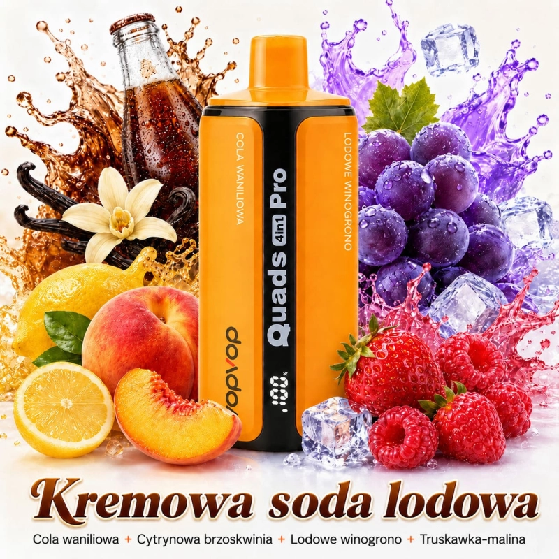 VopVop Quads Pro 200000 – K9 Kremowe lody sodowe, 4 smaki: waniliowa cola, cytrynowa brzoskwinia, lodowe winogrono i truskawka-malina