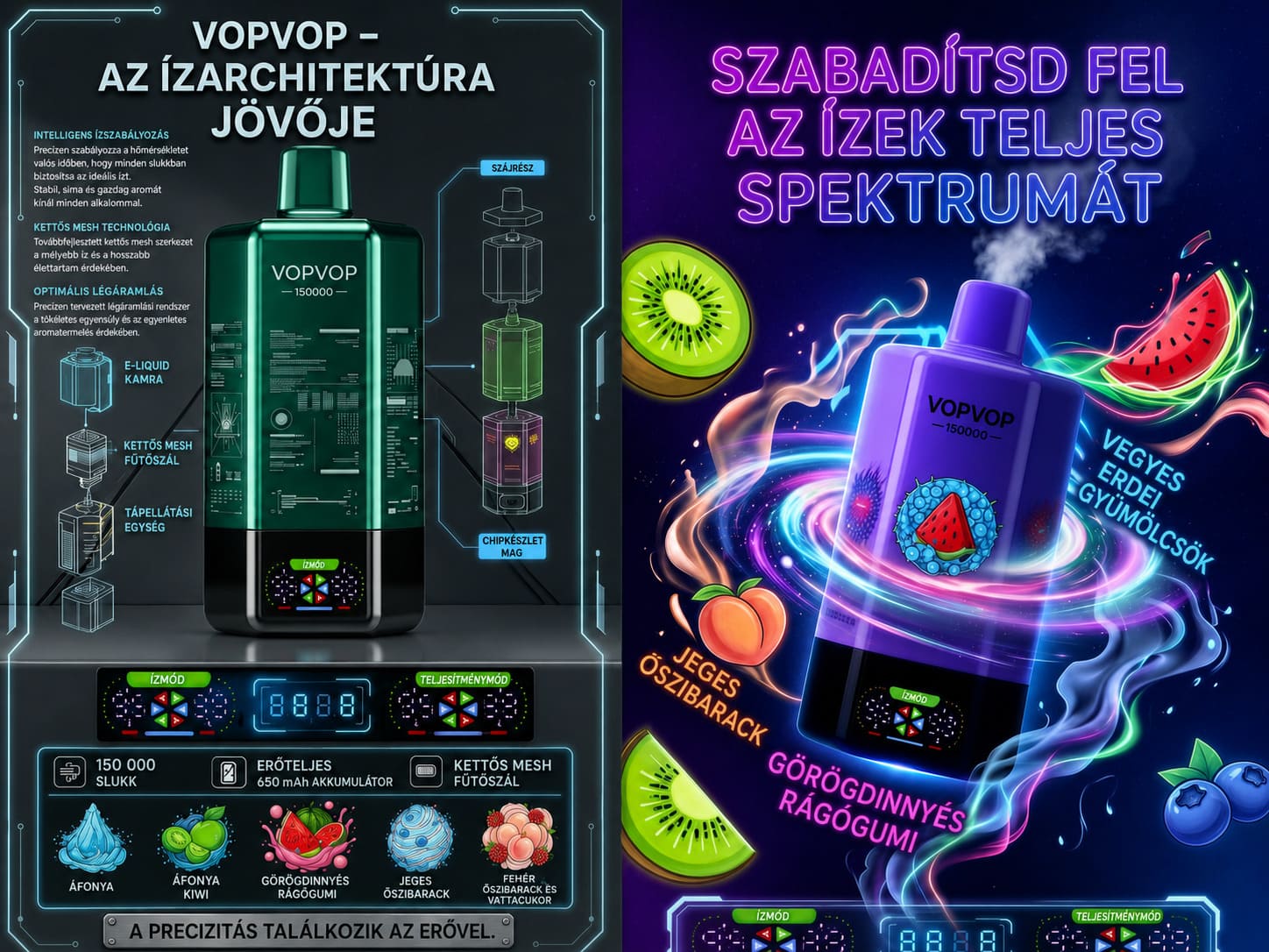 VOPVOP 150K műszaki specifikációk eldobható vape 6 íz 64 ml Type-C töltés LED kijelző akkumulátor infografika