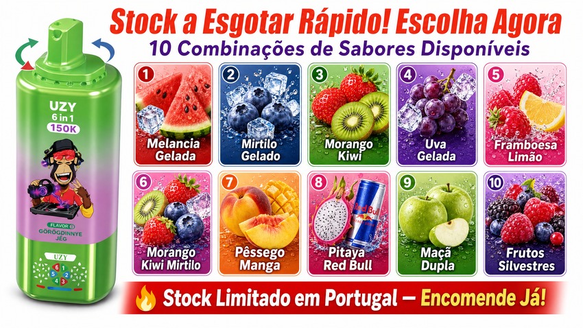 Sistema de sabores vape UZY com combinações de frutas tropicais incluindo morango com kiwi, mirtilo com framboesa, uva com manga e melancia gelada