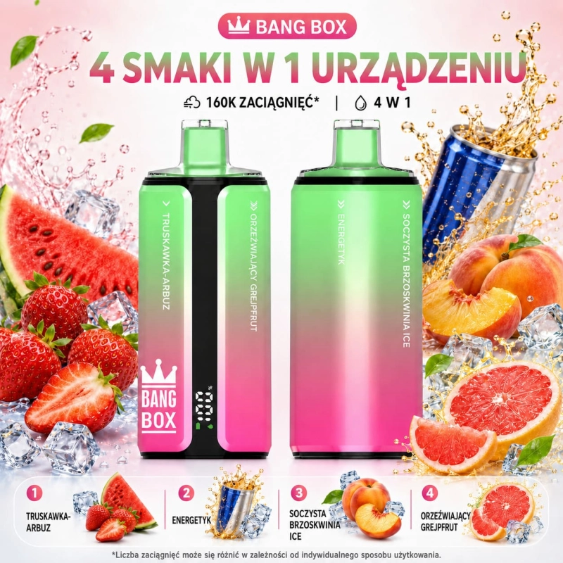 Bang Box 160K 4 w 1 – truskawka z arbuzem, Red Bull, soczysta lodowa brzoskwinia, orzeźwiający grejpfrut