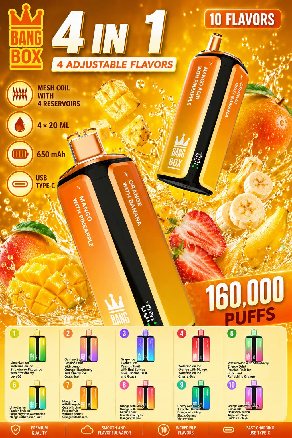 Bang Box 160K 4-in-1 vape with 10 flavor choices, fruit flavors, mesh coil technology and LED display