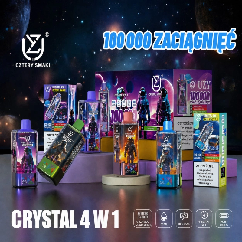 UZY Crystal 100K 4w1 jednorazowy vape z 4 smakami, ekranem LED i ładowaniem Type-C