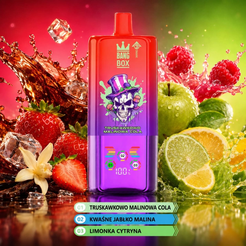 BangBox 80K 3 w 1 – cola truskawkowo-waniliowa, kwaśne jabłko z maliną oraz cytryna i limonka