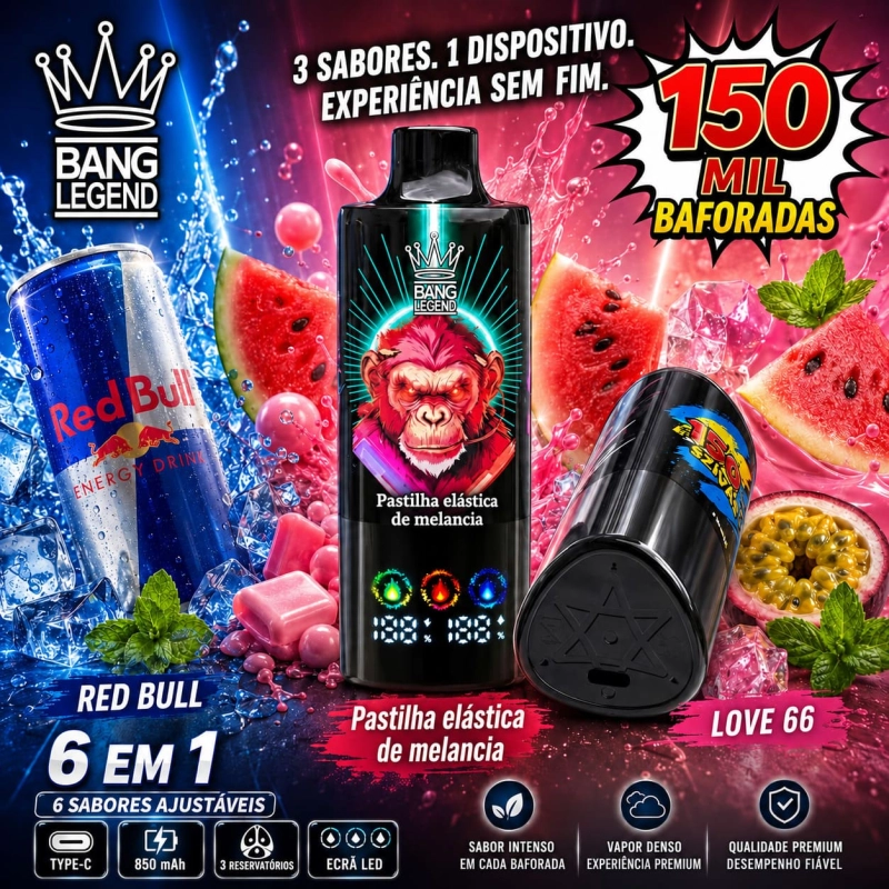 Vape 150K sabor energético com Red Bull, melancia e goma de melancia e Love 66, mistura doce e intensa