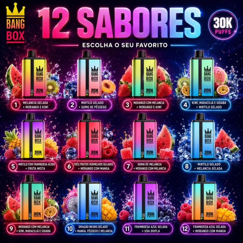 Bang Box 30000 Puffs vape descartável recarregável com dois sabores, coleção com 12 sabores disponíveis